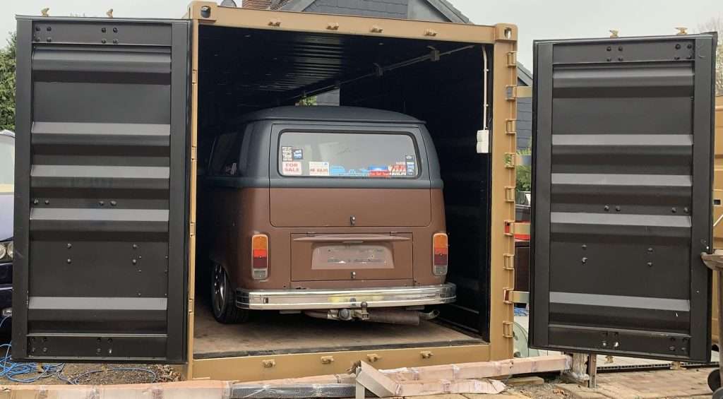 Classic VW camper stored in a 20ft shipping container garage