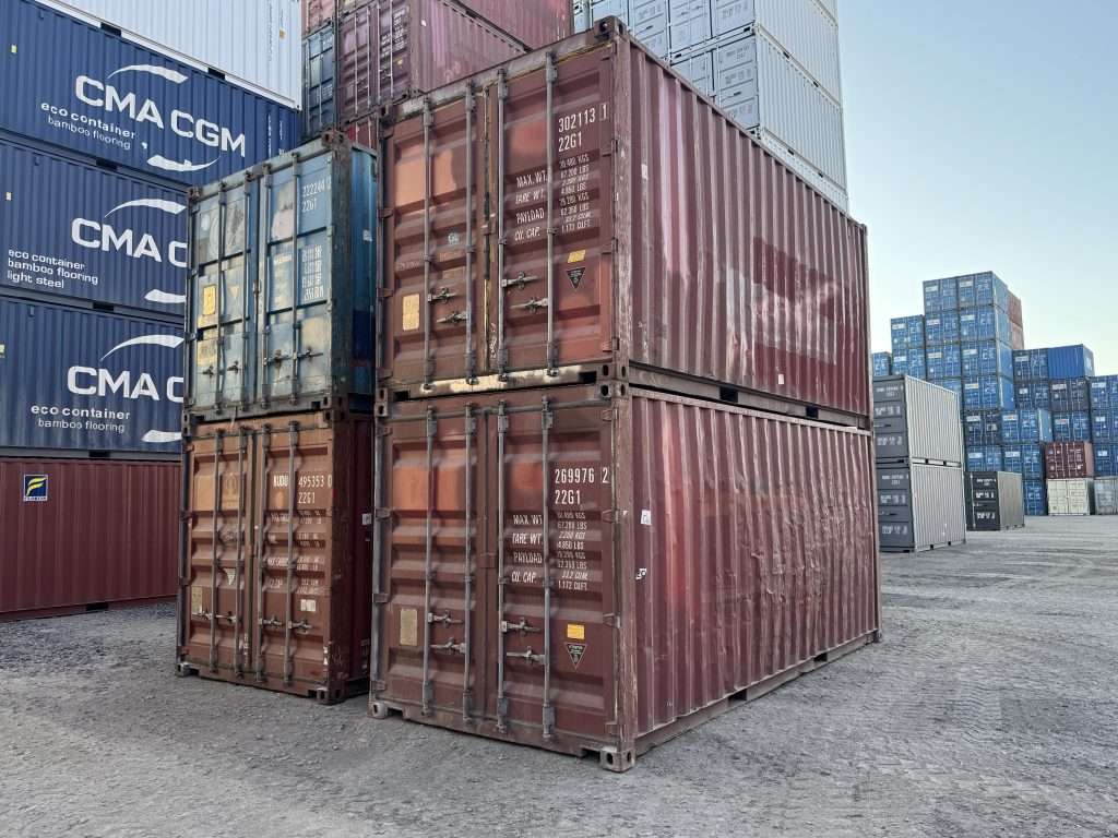 Used 20ft shipping containers at a US depot, the boxes most Americans call conex boxes