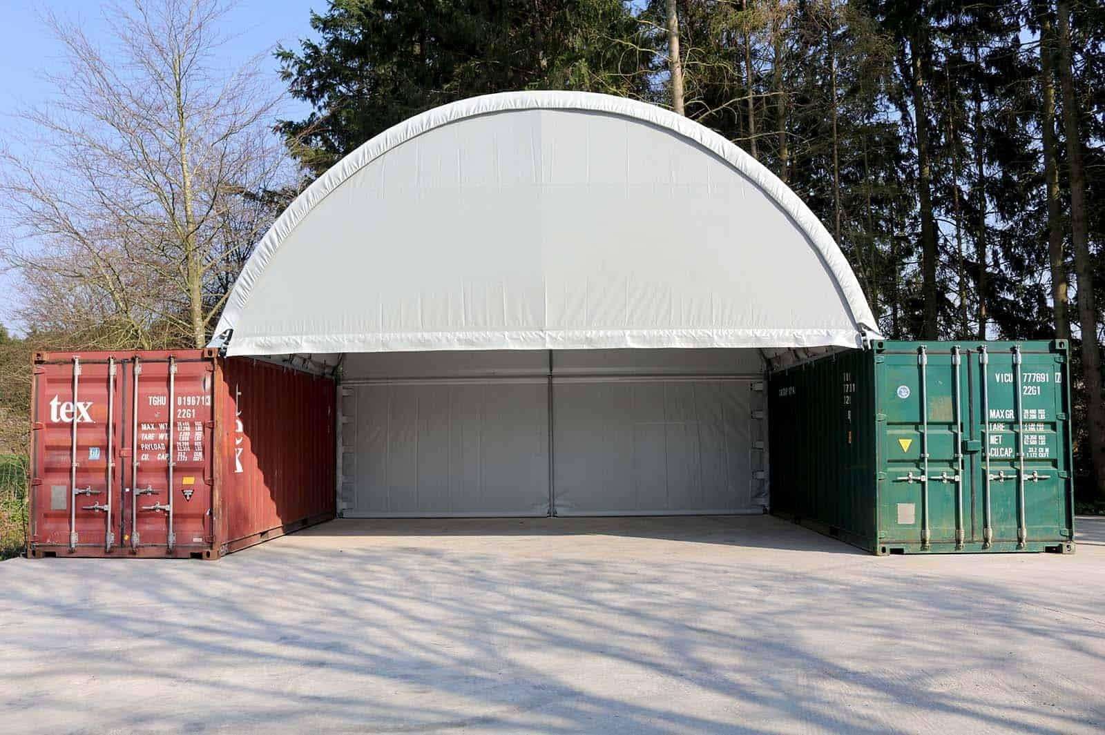 Two 40ft containers with an arched shelter roof between them